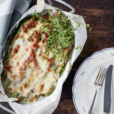 Secondo- Asparges gratin m skinke-mozzarella-gorgonzola_600x600px